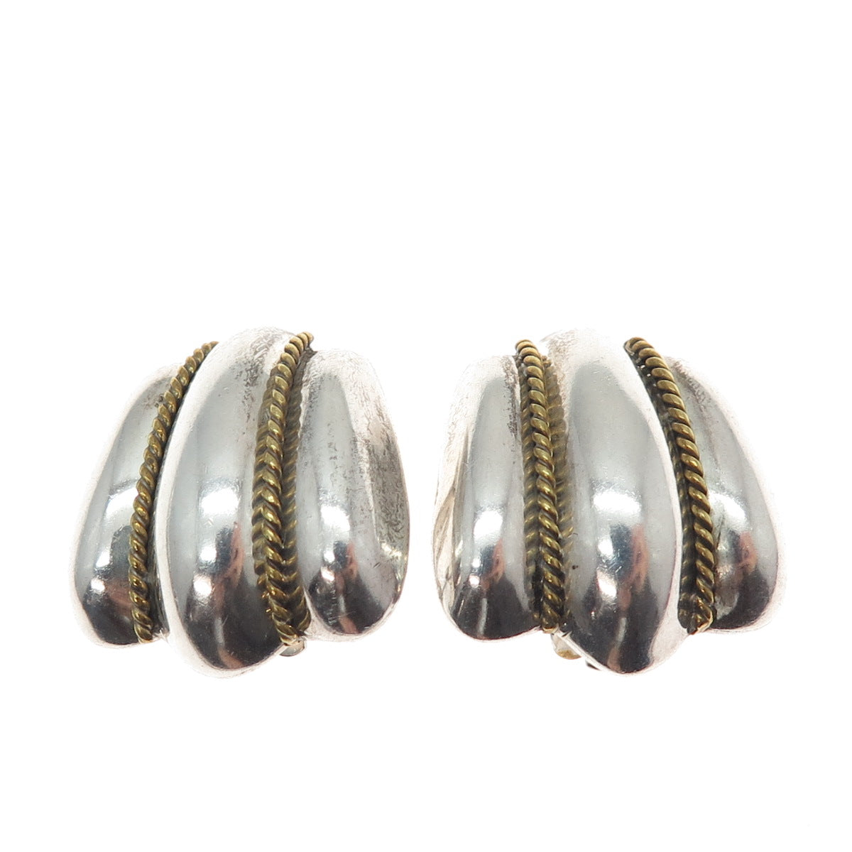 925 Sterling Silver 2-Tone Vintage Mexico Modernist Clip On Earrings