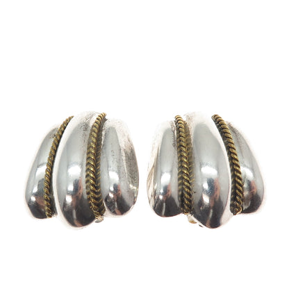 925 Sterling Silver 2-Tone Vintage Mexico Modernist Clip On Earrings
