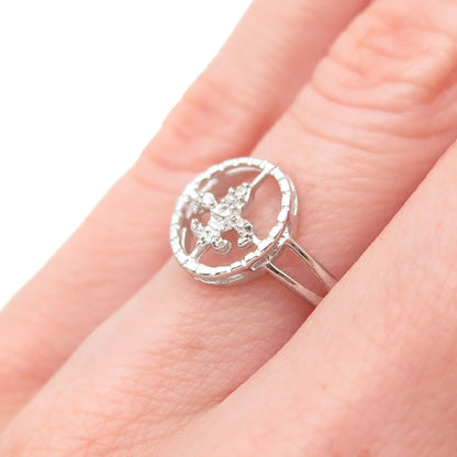 925 Sterling Silver Real Round-Cut Diamond Fleur de Lis Ring Size 6