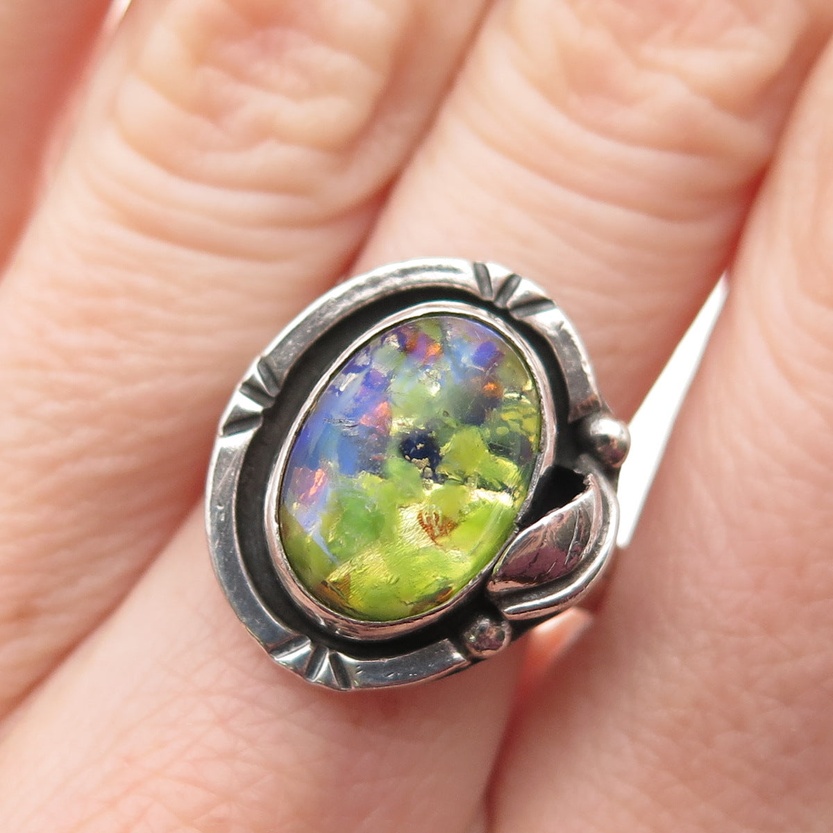 925 Sterling Silver Vintage Mexico Dichroic Glass Oxidized Ring Size 8.5
