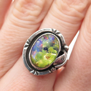 925 Sterling Silver Vintage Mexico Dichroic Glass Oxidized Ring Size 8.5