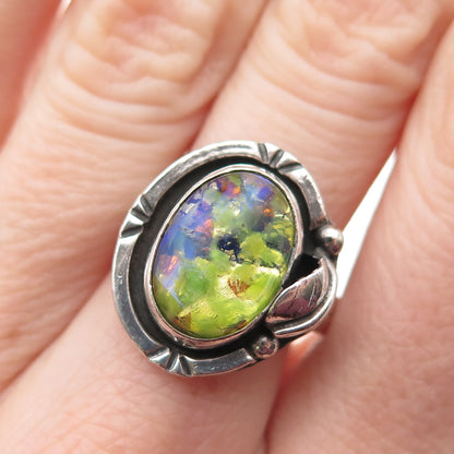 925 Sterling Silver Vintage Mexico Dichroic Glass Oxidized Ring Size 8.5