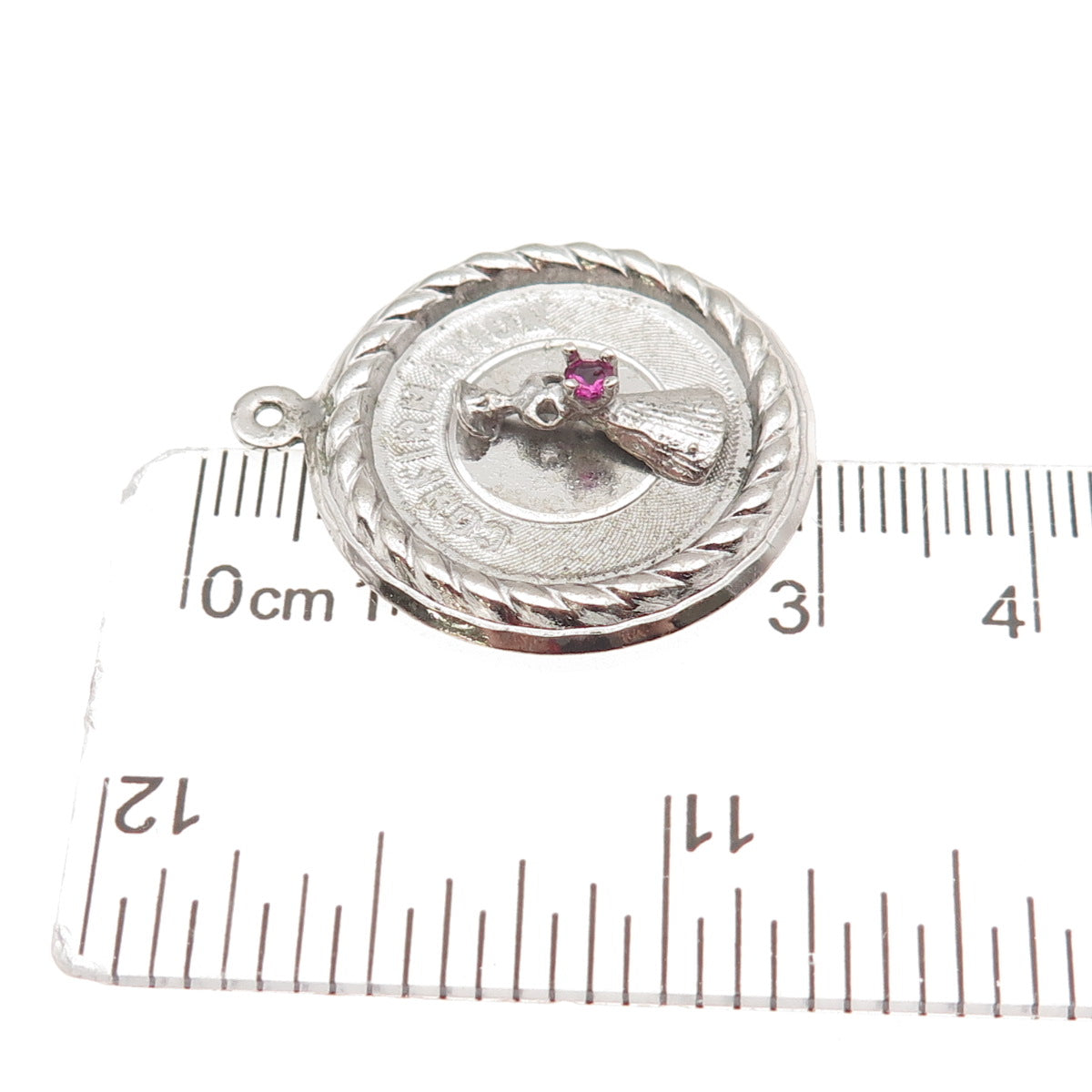 925 Sterling Silver Vintage Pink Rhinestone Confirmation Charm Pendant