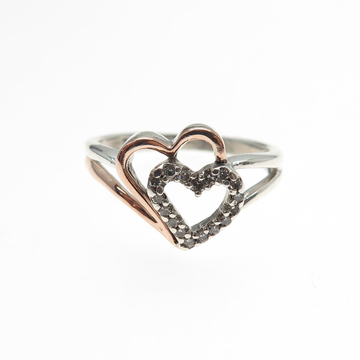 SUN 925 Sterling Silver 10K Gold Real Diamond Couple Heart Ring Size 7