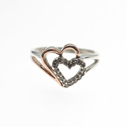SUN 925 Sterling Silver 10K Gold Real Diamond Couple Heart Ring Size 7