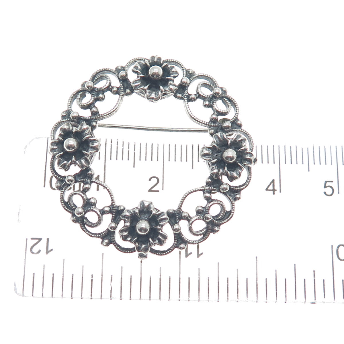DANECRAFT 925 Sterling Silver Antique Flower & Heart Circle Oxidized Pin Brooch