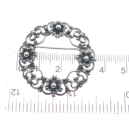 DANECRAFT 925 Sterling Silver Antique Flower & Heart Circle Oxidized Pin Brooch