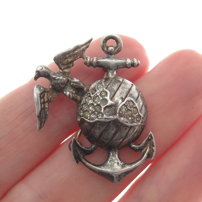 TRIFARI 925 Sterling Silver Antique Rhinestone US Marine Corps Oxidized Brooch
