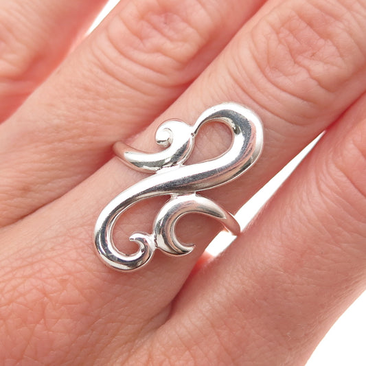 925 Sterling Silver Vintage Modernist Floral Oxidized Ring Size 7.75