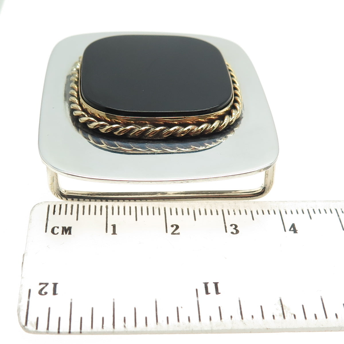 925 Sterling Silver 2-Tone Vintage Real Black Onyx Roped Modernist Belt Buckle