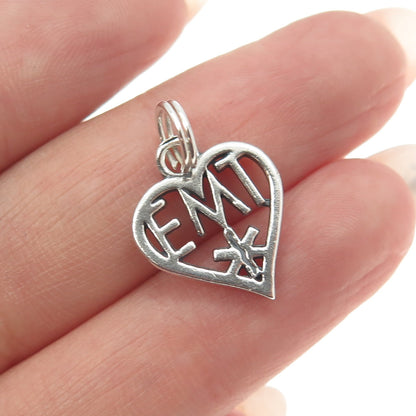 925 Sterling Silver Vintage Emergency Medical Technician Heart Charm Pendant