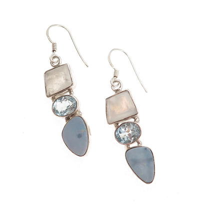 925 Sterling Silver Vintage Real Moonstone Opal & Blue Topaz Dangle Earrings