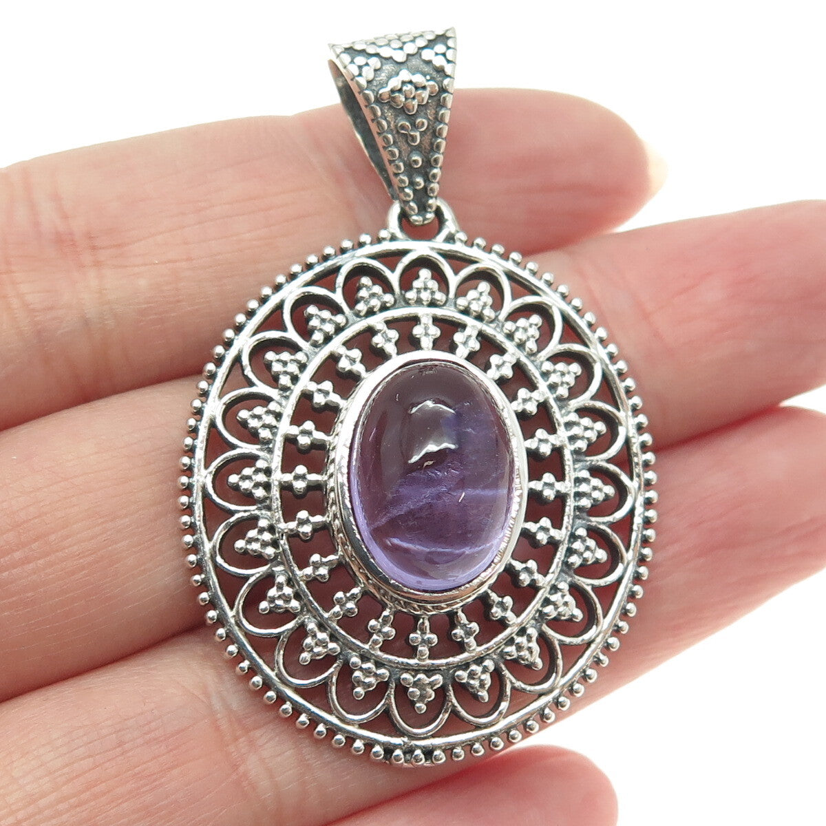 925 Sterling Silver Vintage Real Amethyst Granulated Floral Oxidized Pendant