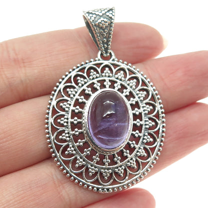 925 Sterling Silver Vintage Real Amethyst Granulated Floral Oxidized Pendant