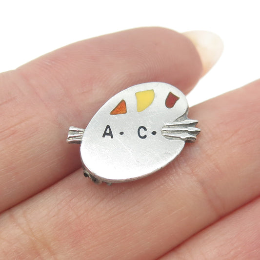 METAL ARTS CO. 925 Sterling Silver Vintage Enamel "AC" Artist's Palette Brooch