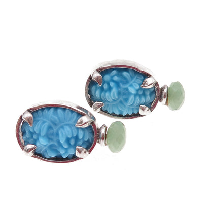 925 Sterling Silver Vintage Real Turquoise Aventurine Floral Omega Back Earrings