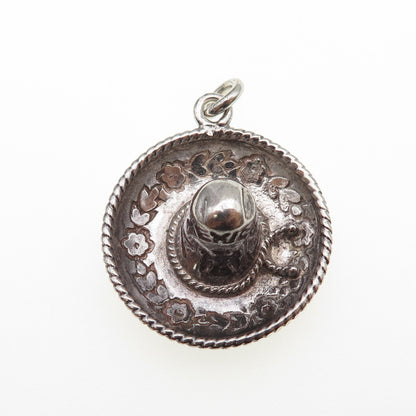 925 Sterling Silver Vintage Mexico Sombrero Oxidized 3D Charm Pendant