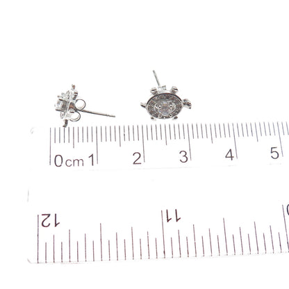 925 Sterling Silver Round-Cut C Z Turtle Stud Earrings