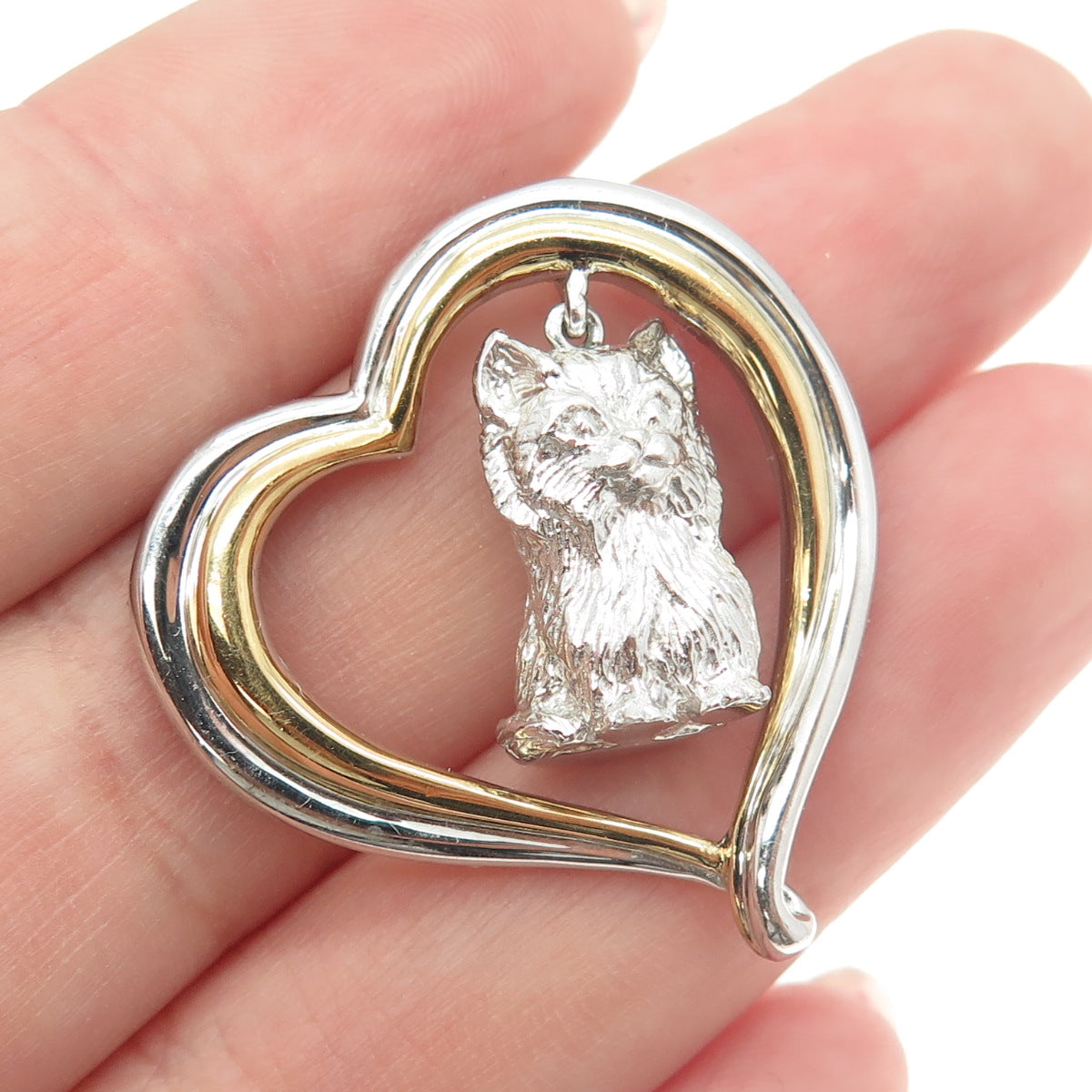 925 Sterling Silver 2-Tone Kitty Open Heart Slide Pendant