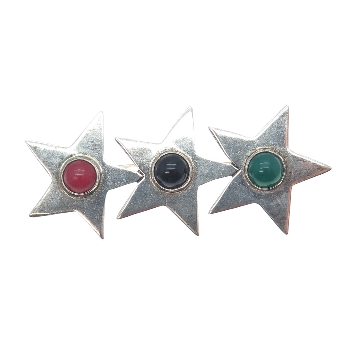 925 Sterling Silver Vintage Mexico Real Black Green & Red Onyx Star Pin Brooch
