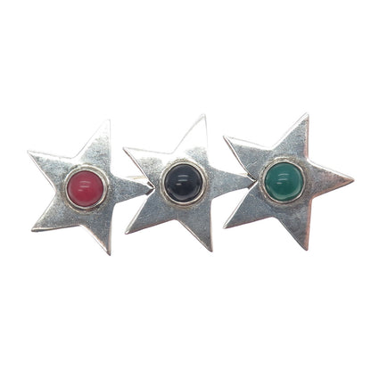 925 Sterling Silver Vintage Mexico Real Black Green & Red Onyx Star Pin Brooch
