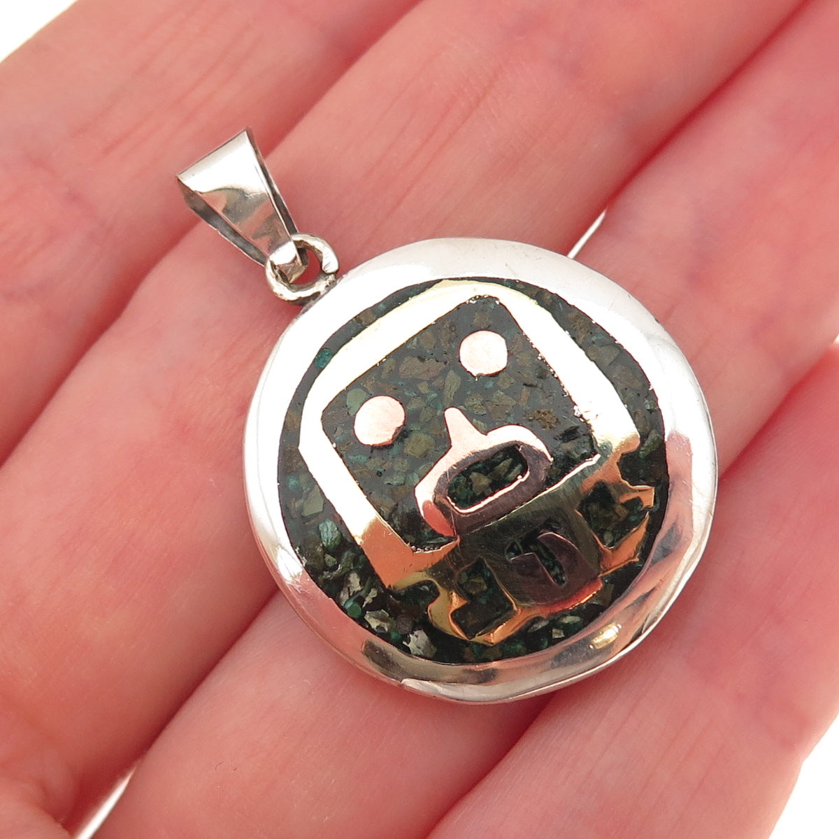 925 Sterling 3-Tone Vintage Real Turquoise Inlay Aztec Animal Charm Pendant