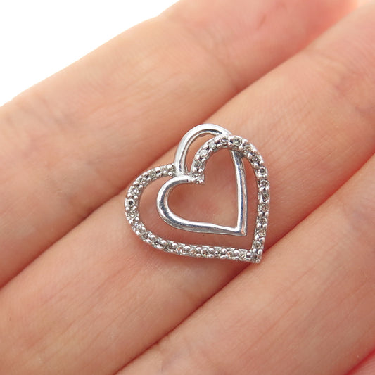 925 Sterling Silver Real Round-Cut Diamond Double Heart Mini Slide Charm Pendant