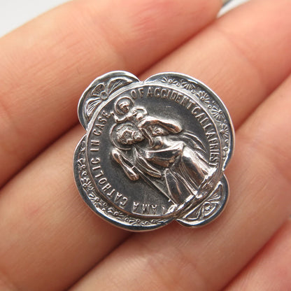 925 Sterling Silver Antique Creed St. Christopher Religious Pin Brooch