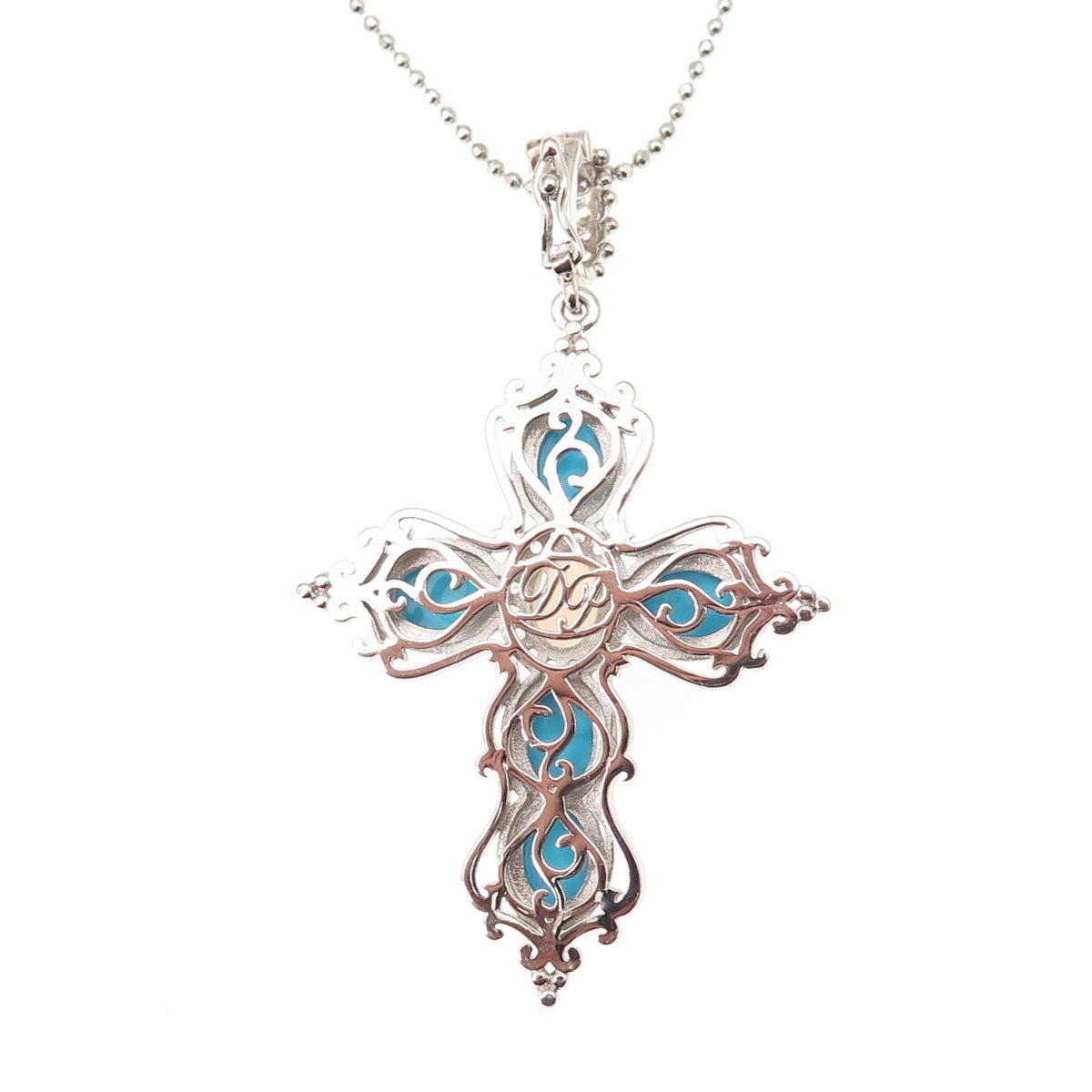 925 Sterling Silver Real Turquoise Opal Topaz Cross Beaded Chain Necklace 20-22"