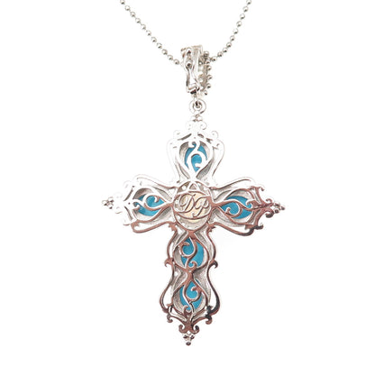 925 Sterling Silver Real Turquoise Opal Topaz Cross Beaded Chain Necklace 20-22"