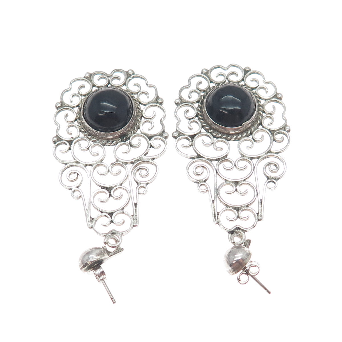 925 Sterling Silver Vintage Real Black Onyx Ornate Oxidized Dangle Earrings