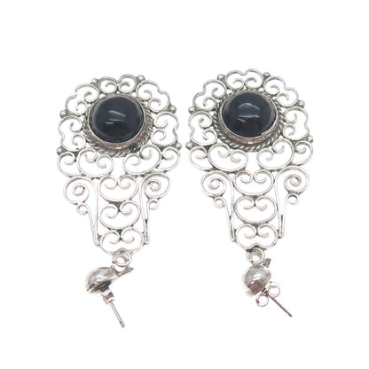 925 Sterling Silver Vintage Real Black Onyx Ornate Oxidized Dangle Earrings