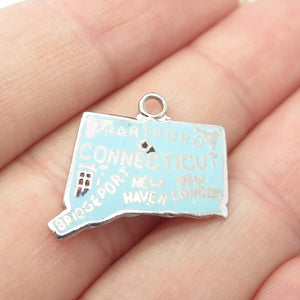 925 Sterling Silver Vintage Enamel "Connecticut" State Map Charm Pendant