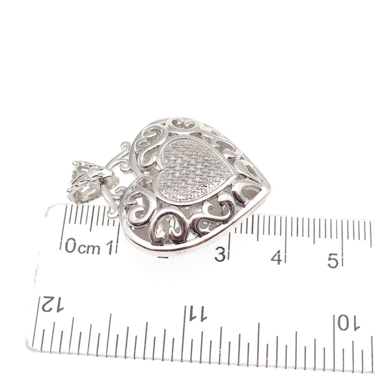 925 Sterling Silver Real Round-Cut Diamond Heart Ornate Charm Pendant