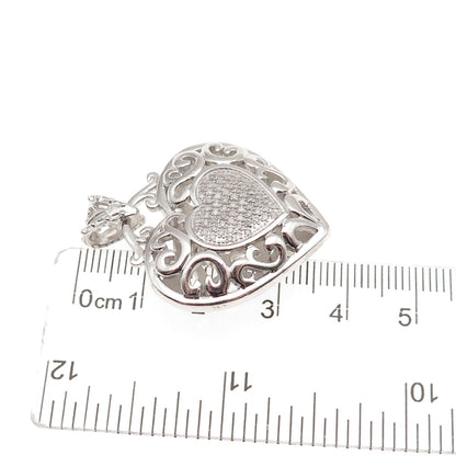 925 Sterling Silver Real Round-Cut Diamond Heart Ornate Charm Pendant