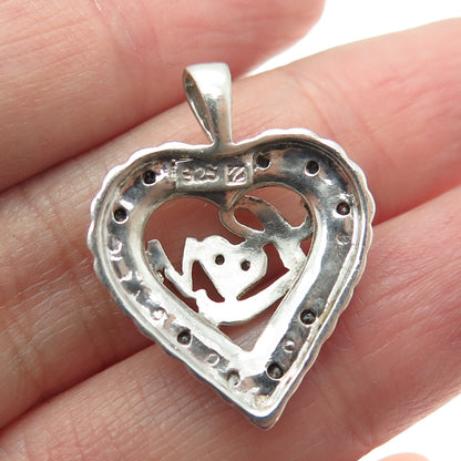 925 Sterling Silver Real Round-Cut Black & White Diamond "Love" Heart Pendant