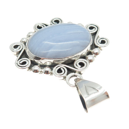 925 Sterling Silver Vintage CII Mexico Real Blue Lace Agate Spiral Pendant