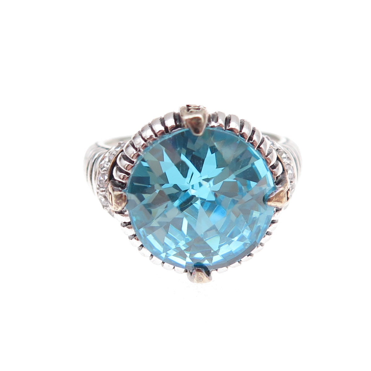 925 Sterling Silver 2-Tone Round-Cut Blue & White C Z Ribbed Ring Size 8.25