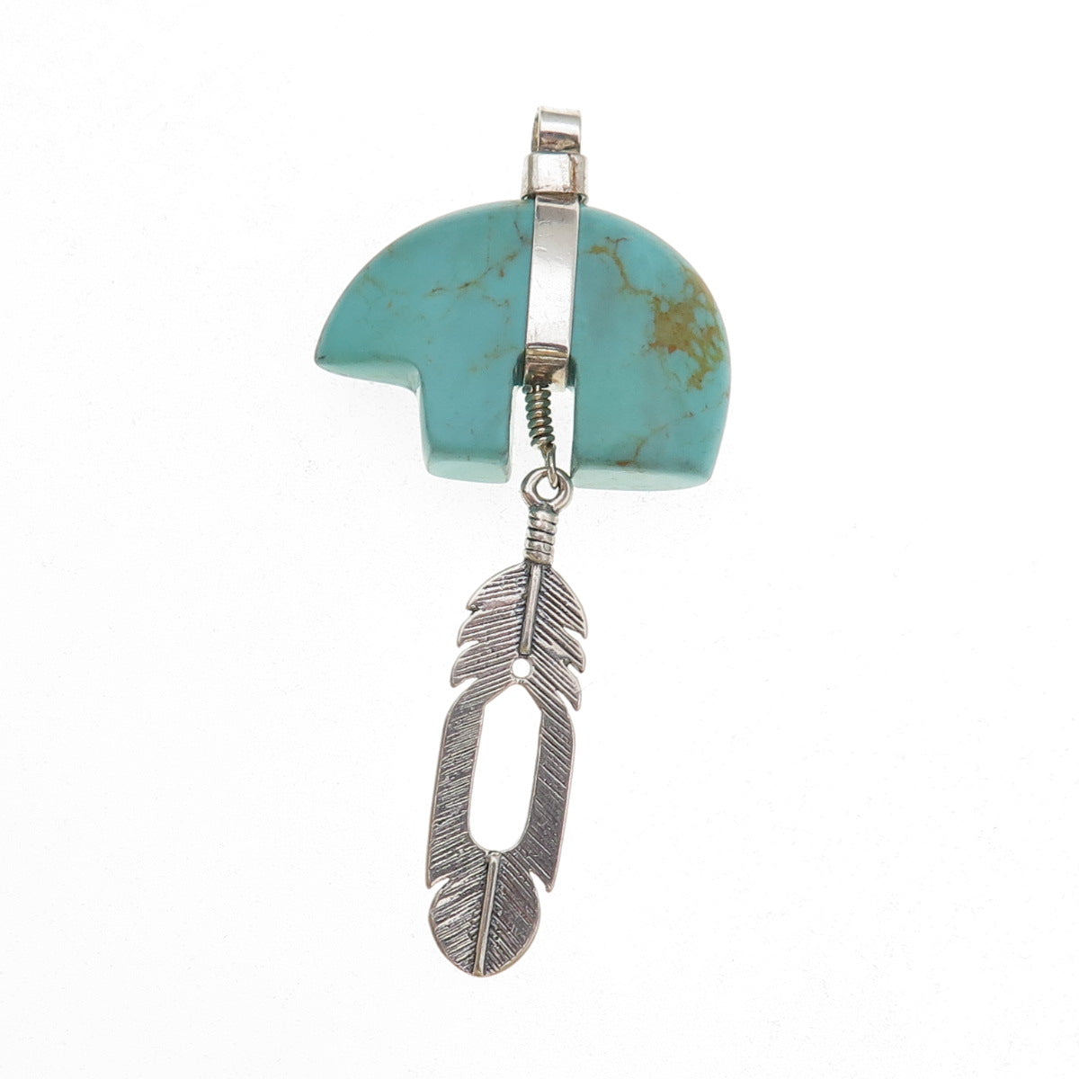 Sundancer Sterling Silver Vintage Southwestern Turquoise Bear & Feather Pendant