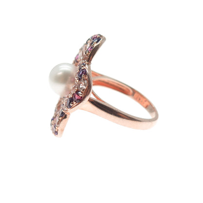 CLYDE DUNEIER Sterling Silver Rose Gold Plated Real Pearl & Muti-Gem Ring Size 7