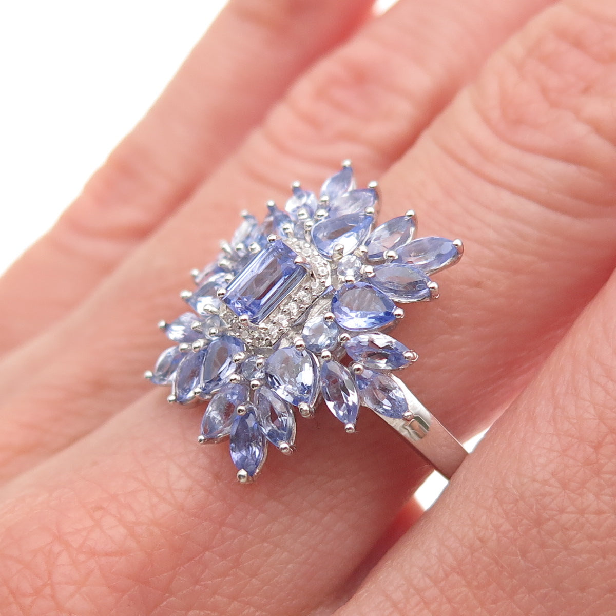 D'Joy 925 Sterling Silver Real Tanzanite & White Topaz Cluster Ring Size 8
