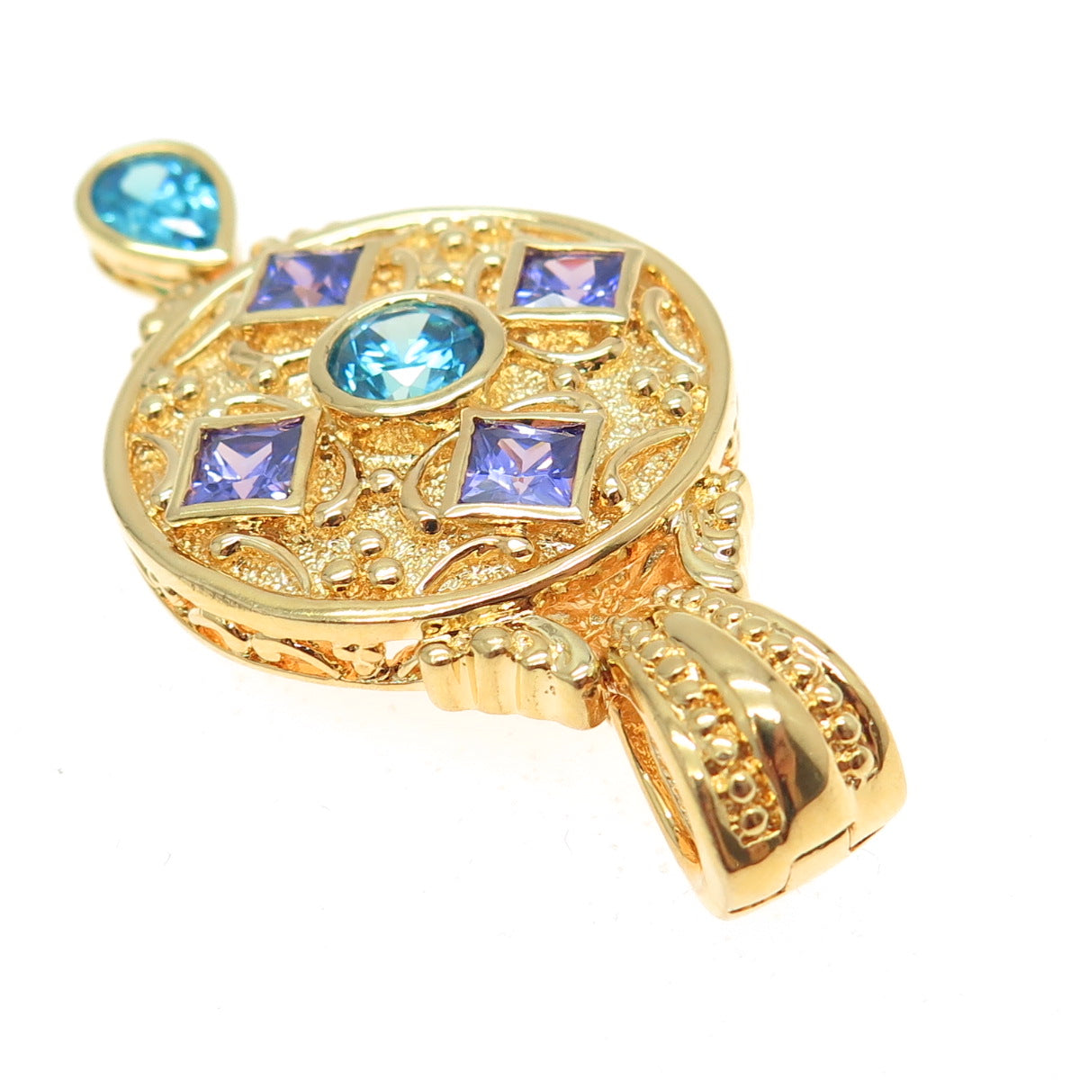 925 Sterling Silver Gold Plated Blue & Purple Multi-Cut C Z Pendant