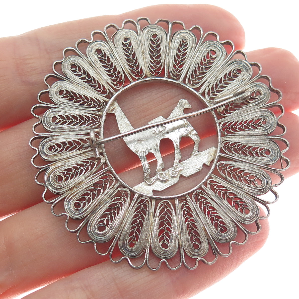 925 Sterling Silver Vintage Peruvian Llama Filigree Oxidized Pin Brooch