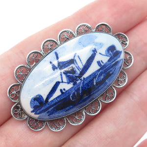DELFT 835 Silver Vintage Ceramic Old Mill Filigree Pin Brooch