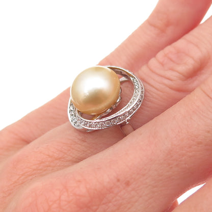 925 Sterling Silver Real Pearl & C Z Modernist Floral Ring Size 6