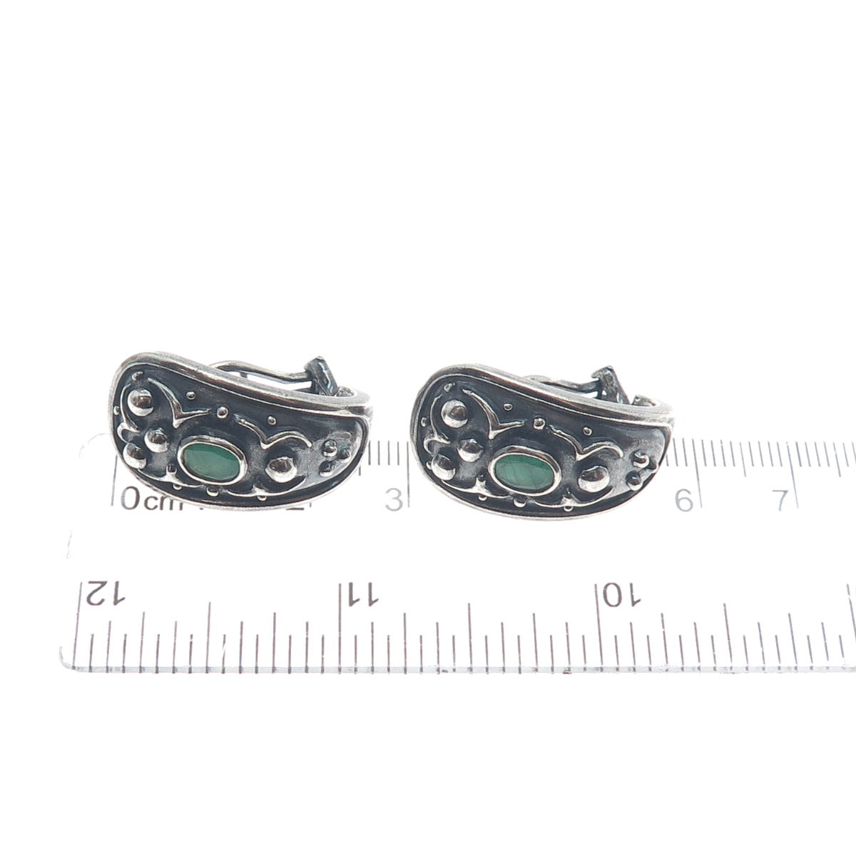 925 Sterling Silver Vintage Real Emerald Modernist Oxidized Omega Back Earrings