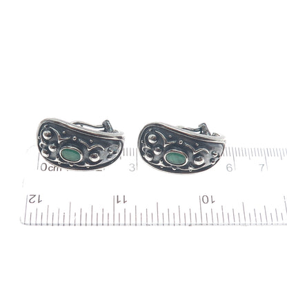 925 Sterling Silver Vintage Real Emerald Modernist Oxidized Omega Back Earrings