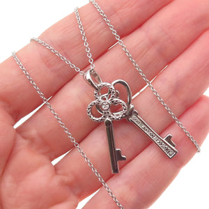 925 Sterling Silver Real Diamond Heart & Club Key Cable Chain Necklace 18"