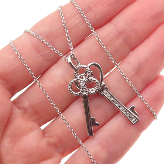 925 Sterling Silver Real Diamond Heart & Club Key Cable Chain Necklace 18"