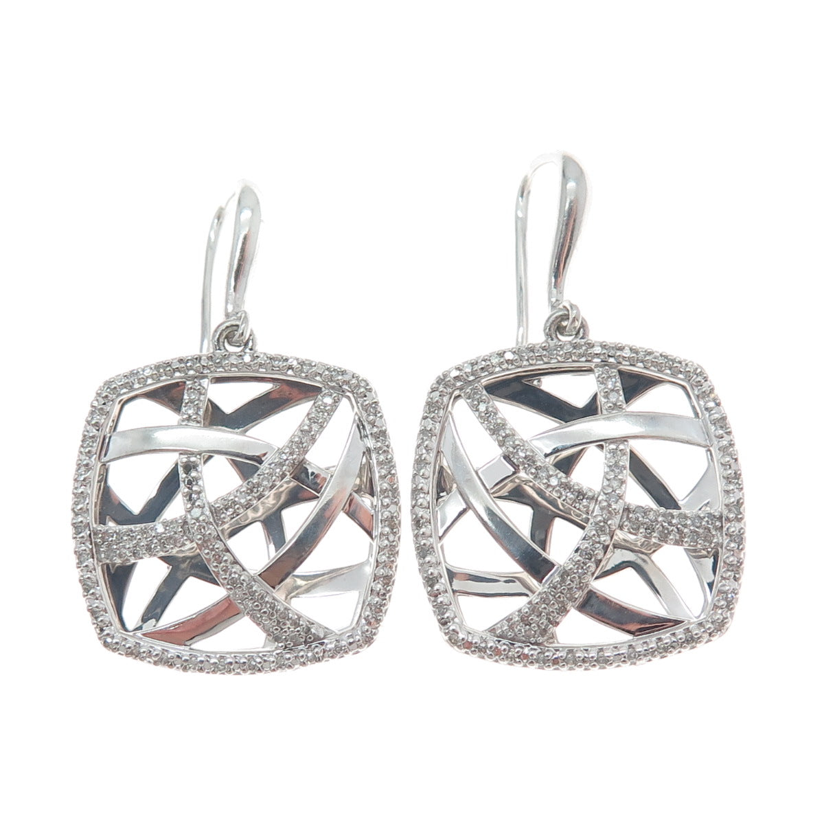 925 Sterling Silver Real Round-Cut Diamond Modernist Ornate Dangle Earrings